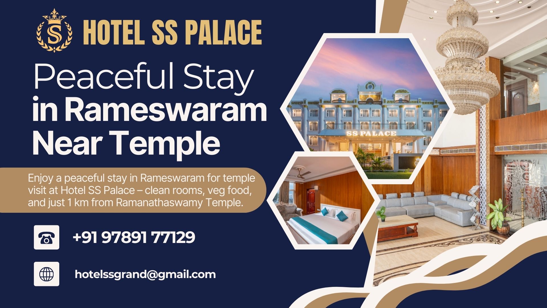 Front view of Hotel SS Palace Rameswaram with tagline promoting peaceful stay near Ramanathaswamy Temple.