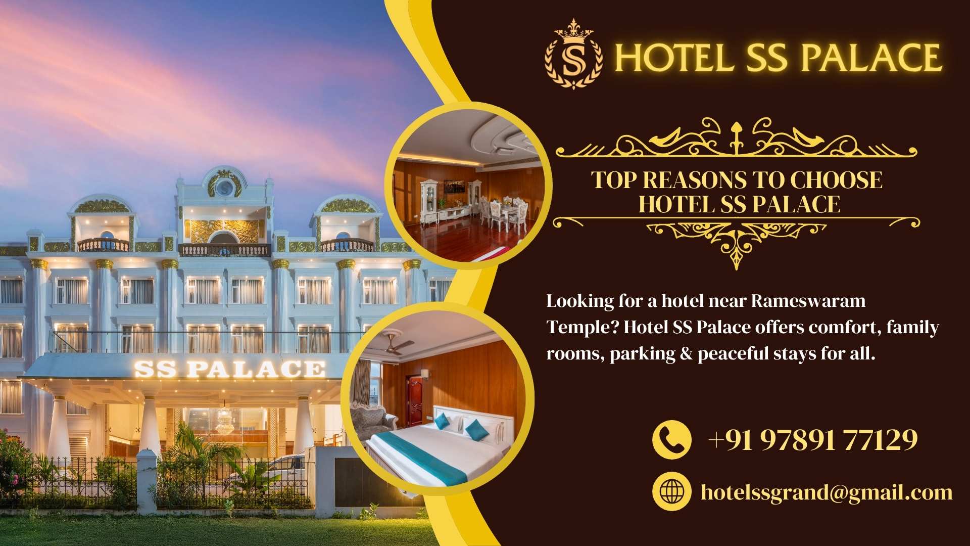 Front view of Hotel SS Palace in Rameswaram with contact info and room interiors for peaceful temple stay.