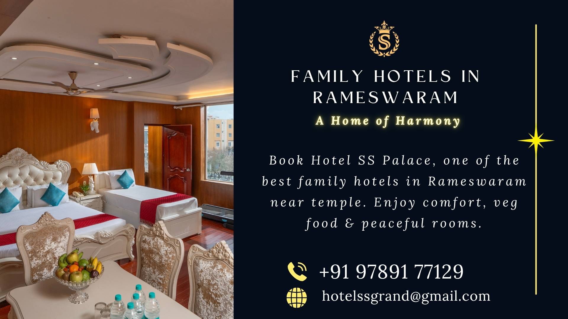 Spacious family suite at Hotel SS Palace, one of the best family hotels in Rameswaram near temple offering comfort, veg food, and peaceful rooms.