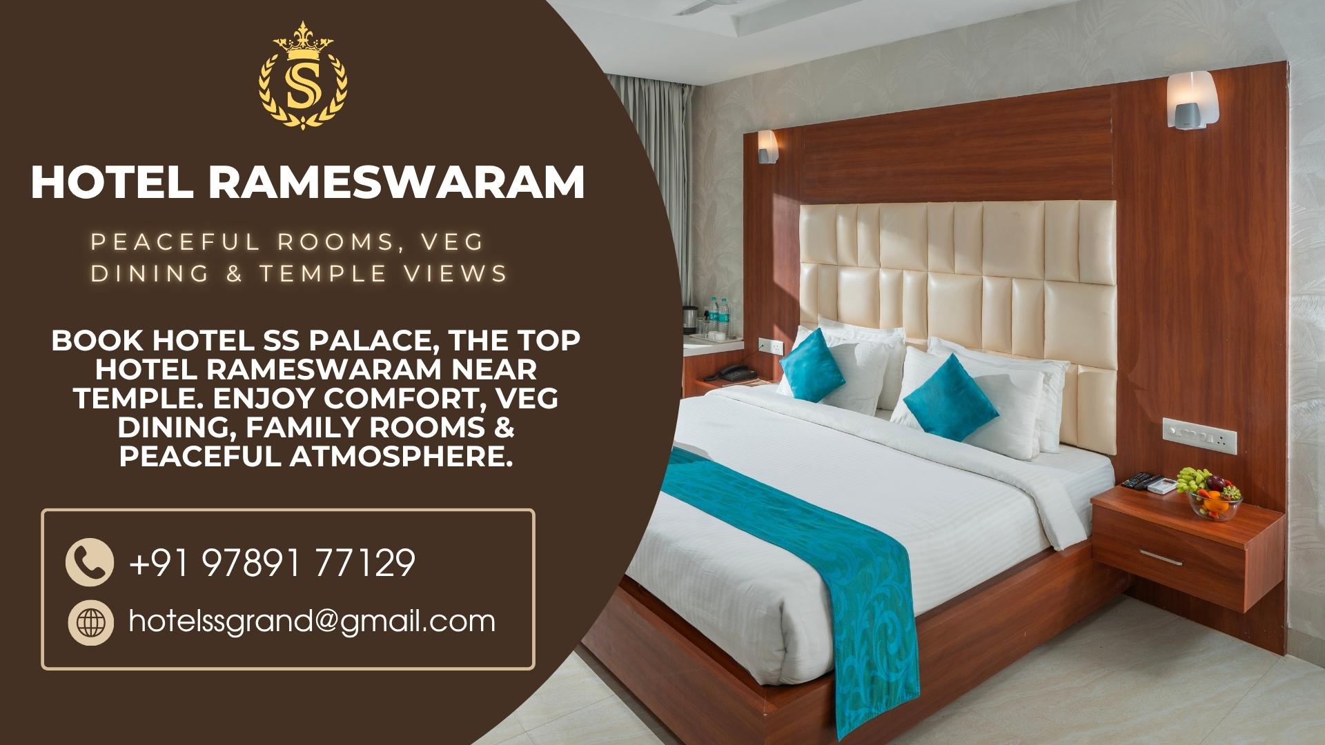 Elegant deluxe room at Hotel SS Palace, the top hotel Rameswaram near temple offering family-friendly stay, veg dining, and peaceful atmosphere.