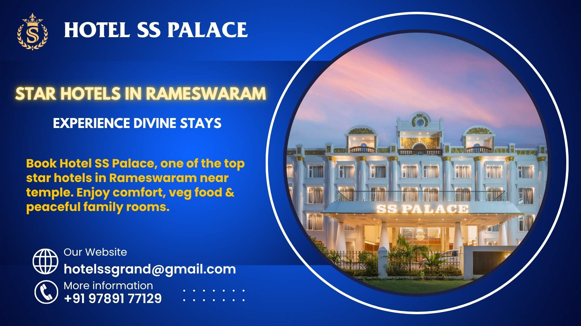 Front view of Hotel SS Palace, one of the top star hotels in Rameswaram near temple offering family-friendly rooms, veg dining, and peaceful stays.