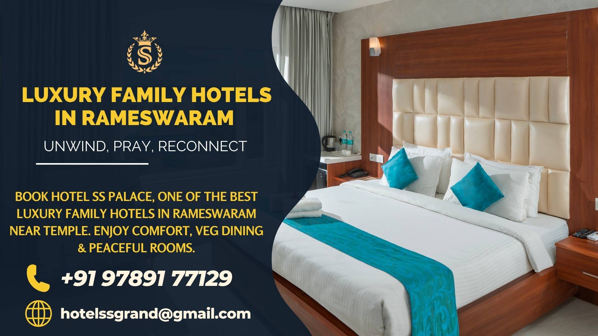 Luxury family room at Hotel SS Palace, one of the best luxury family hotels in Rameswaram near temple with spacious rooms and peaceful ambience.