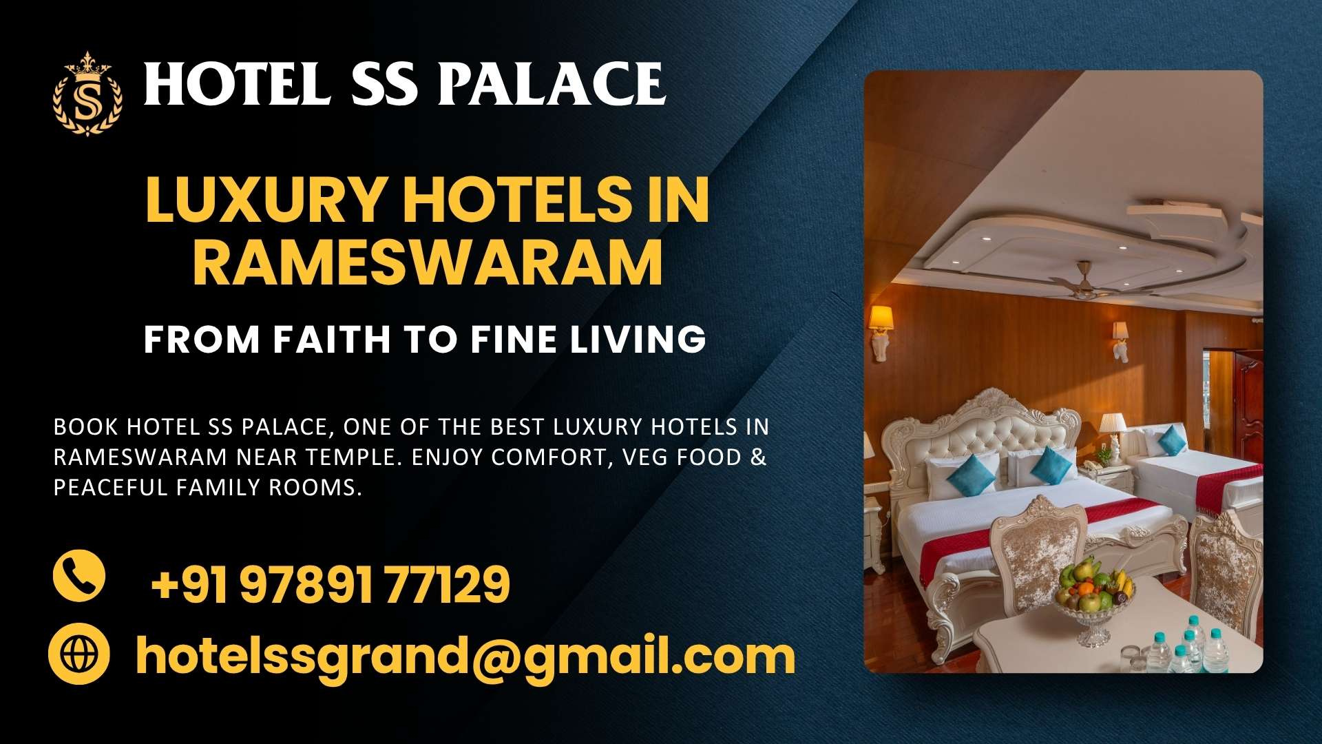 Elegant family suite at Hotel SS Palace, one of the top luxury hotels in Rameswaram near temple offering comfort, pure veg dining, and peaceful stays.