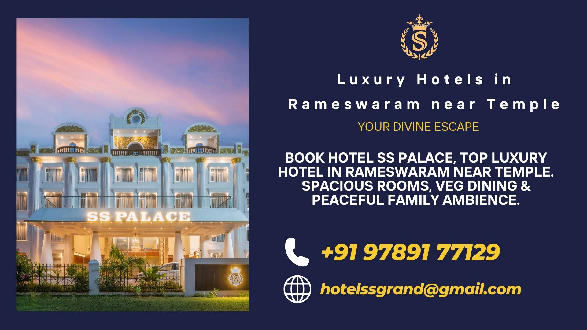 Front view of Hotel SS Palace, one of the top luxury hotels in Rameswaram near temple offering spacious rooms, pure veg dining, and a peaceful family ambience.
