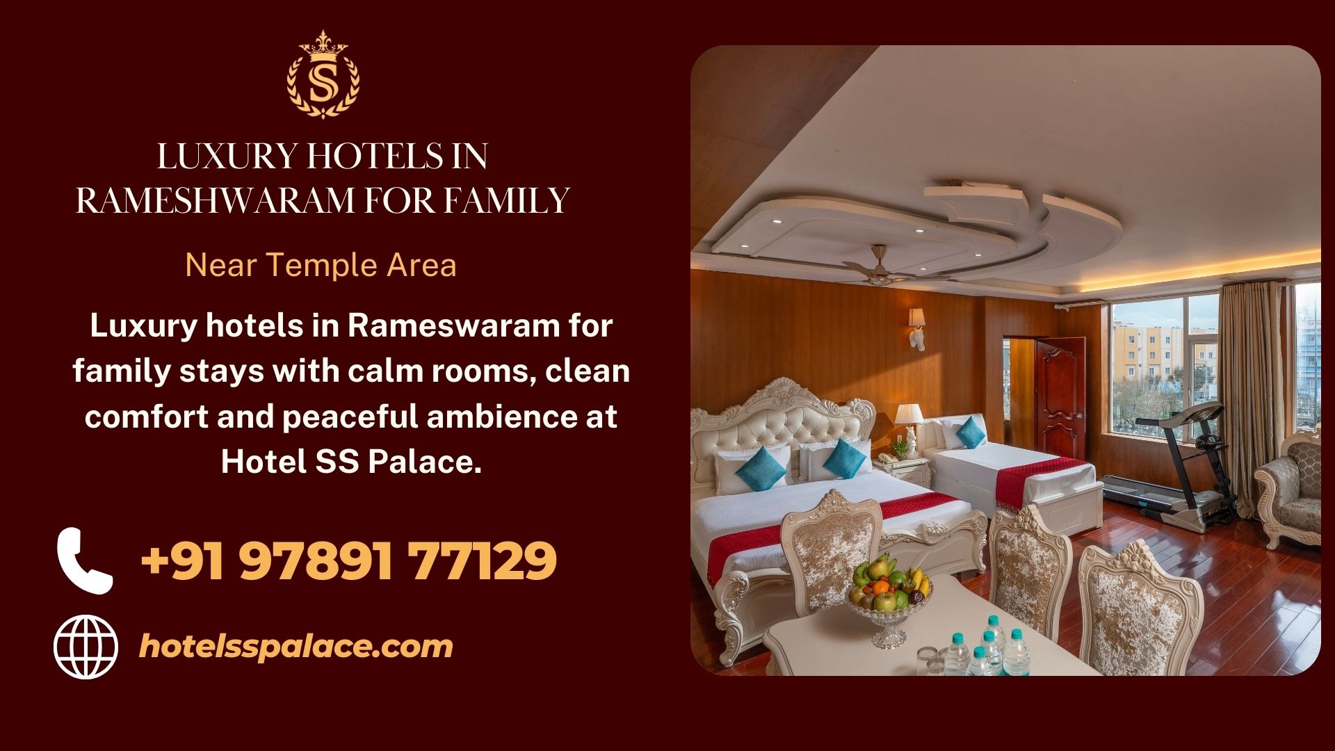 Luxury hotels in Rameswaram for family stays with calm rooms, clean comfort and peaceful ambience at Hotel SS Palace.