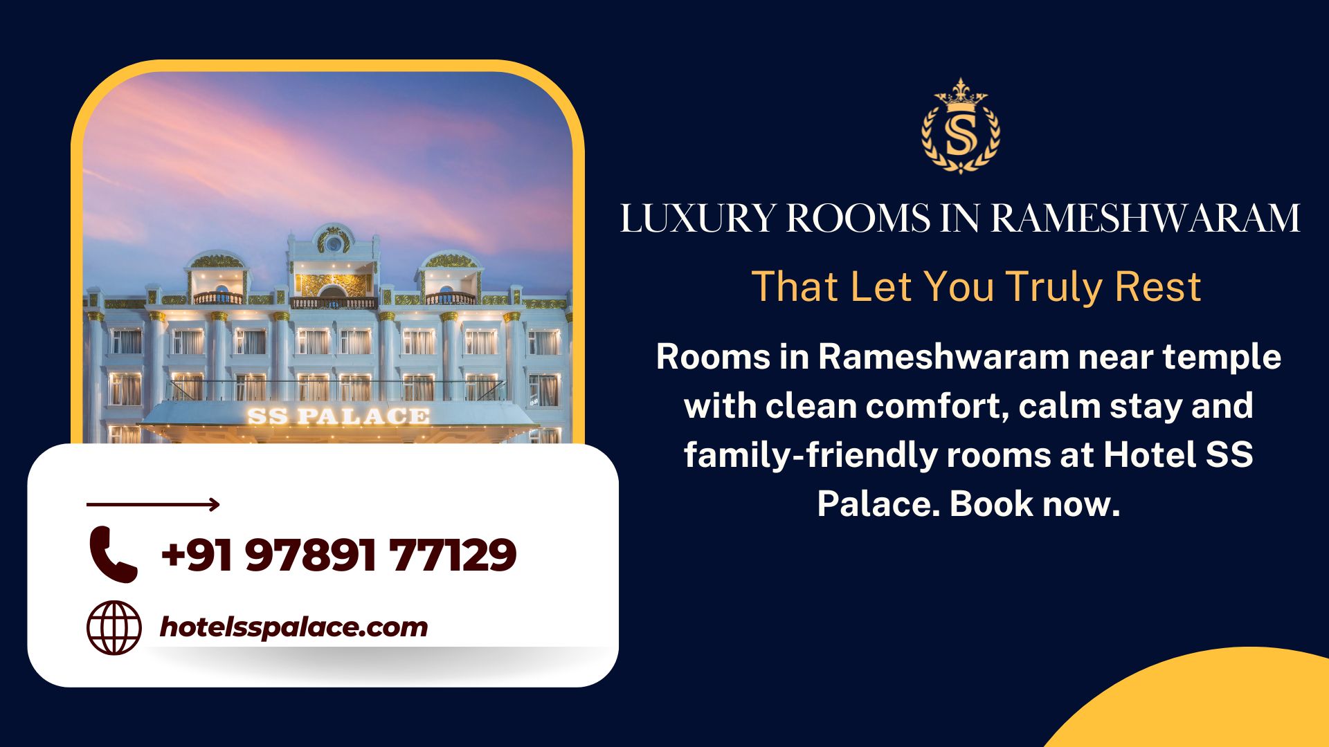 Luxury rooms in Rameshwaram with calm ambience, spacious comfort and premium stay near temple at Hotel SS Palace.