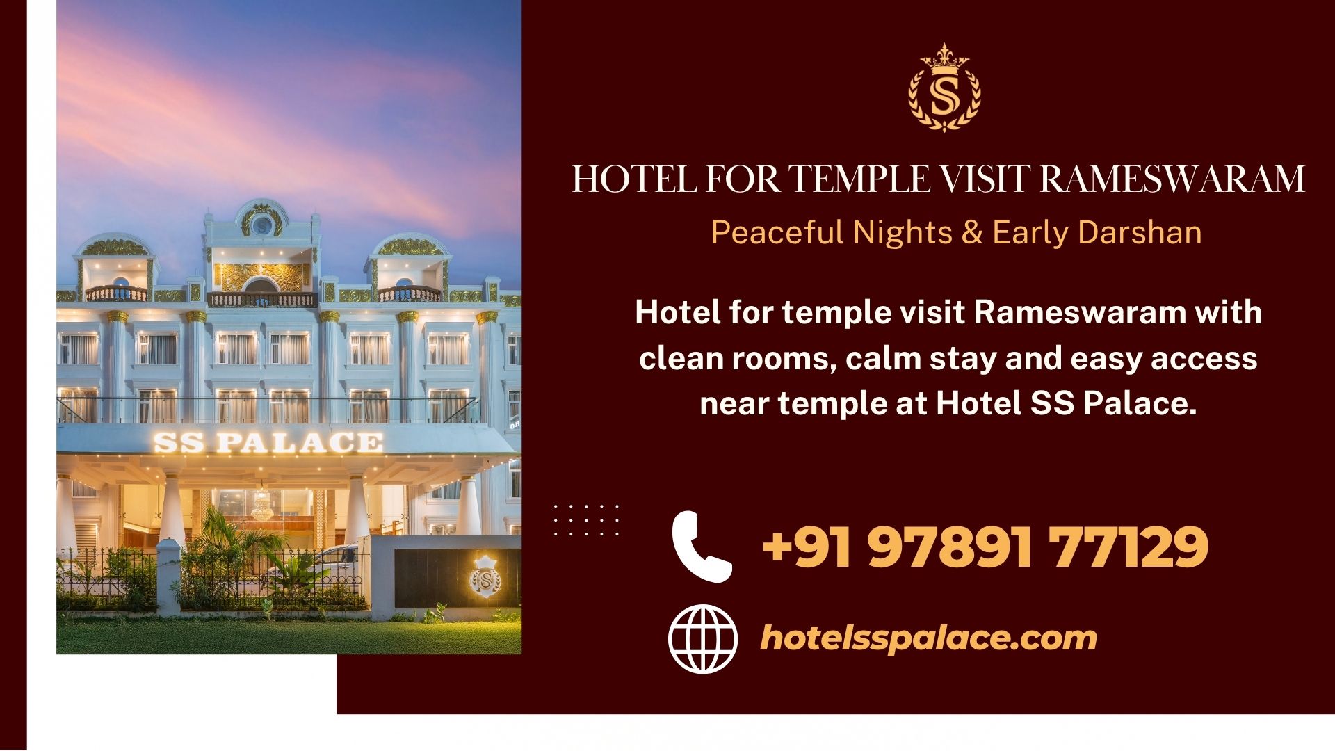 Hotel for temple visit Rameswaram with clean rooms, calm stay and easy access near temple at Hotel SS Palace.