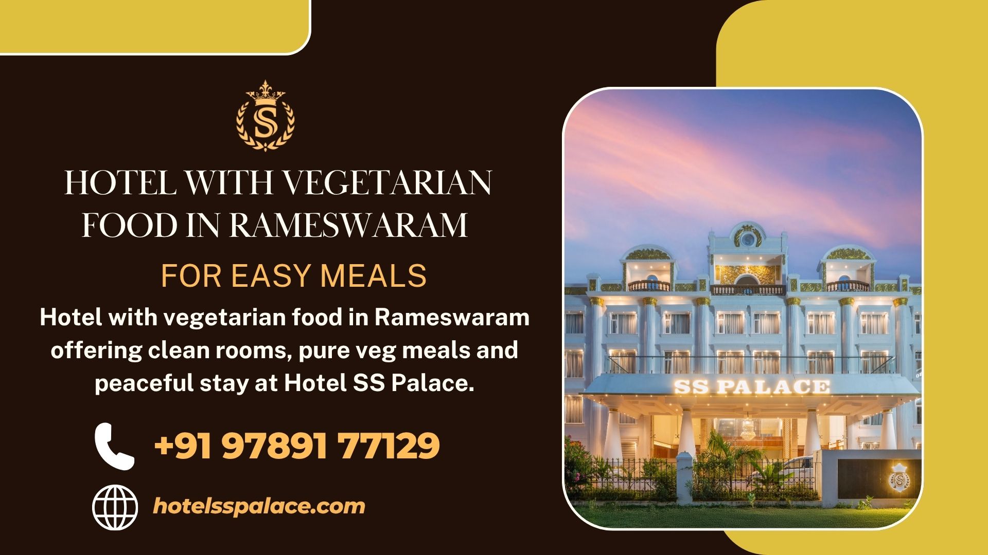 Hotel with vegetarian food in Rameswaram offering clean rooms, pure veg meals and peaceful stay at Hotel SS Palace.