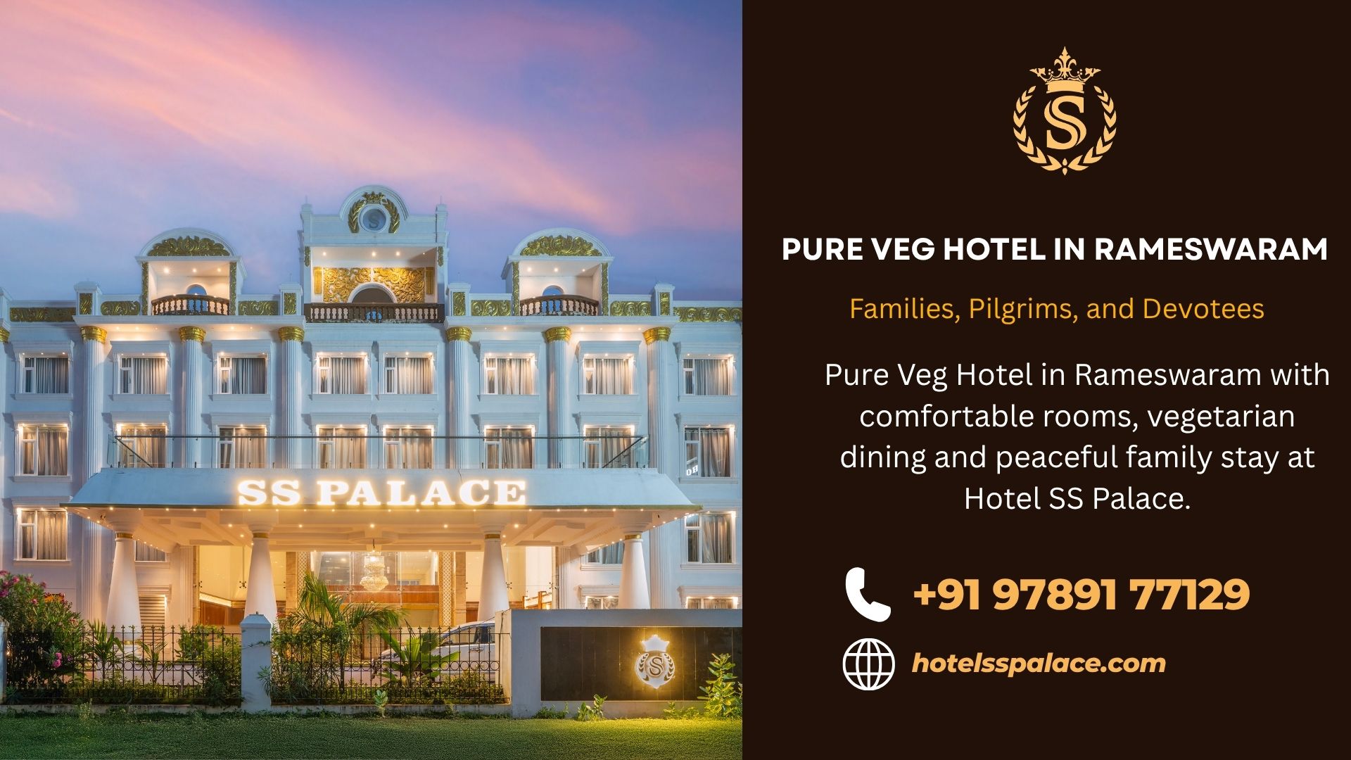 Pure Veg Hotel in Rameswaram with comfortable rooms, vegetarian dining and peaceful family stay at Hotel SS Palace.